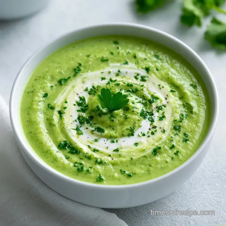 Silky yellow-green puree served in a shallow white bowl with a single basil leaf and a swirl of fresh cream.