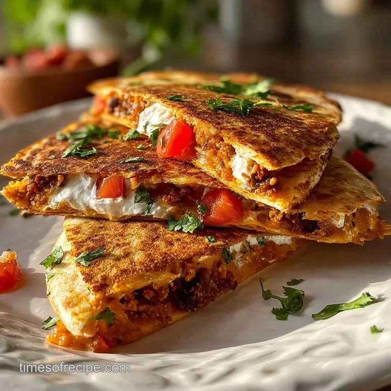 Crisp black bean quesadilla triangles stacked high, garnished with vibrant green cilantro and a dollop of cool sour cream.