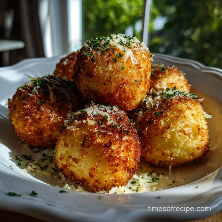 Three perfectly formed arancini, elegantly plated with a drizzle of sauce. The crispy exteriors offer a textural contrast.