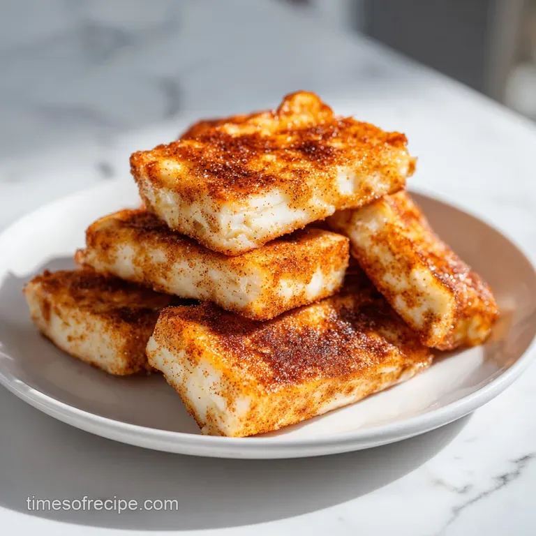 A delicate stack of crispy squares, dusted with cinnamon, arranged artfully on a ceramic plate with a fork.