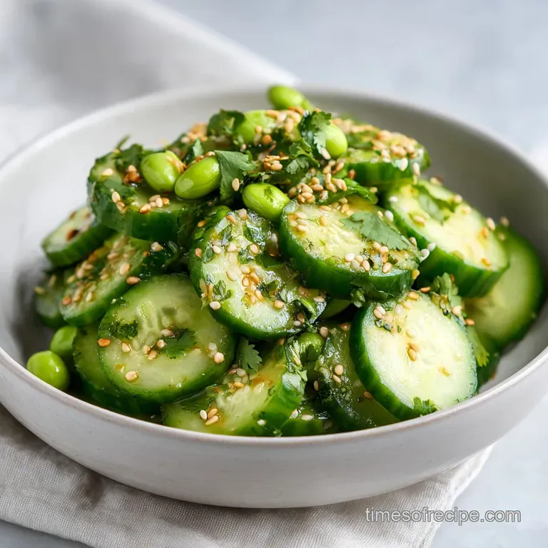 A white ceramic bowl filled with bright green cubes of cucumber and edamame, topped with a sprinkle of black seeds.