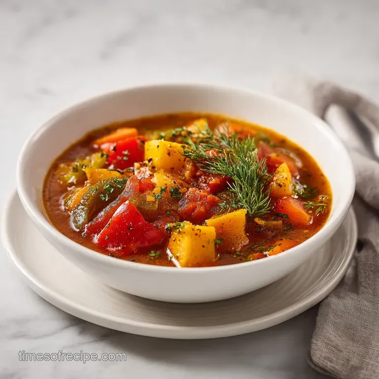 A rustic bowl brimming with colorful soup, topped with a swirl of sour cream and fresh green herbs.