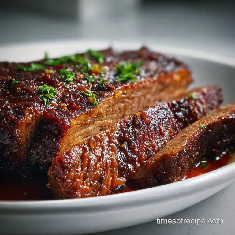Tender brisket slices stacked high on a plate, bathed in dark, glossy sauce, alongside creamy mashed potatoes and vibrant ...