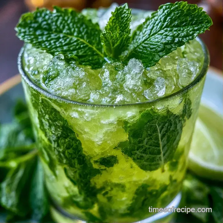 Chilled tall glass with condensation droplets, overflowing with frosty crushed ice and bright, fresh mint sprigs.