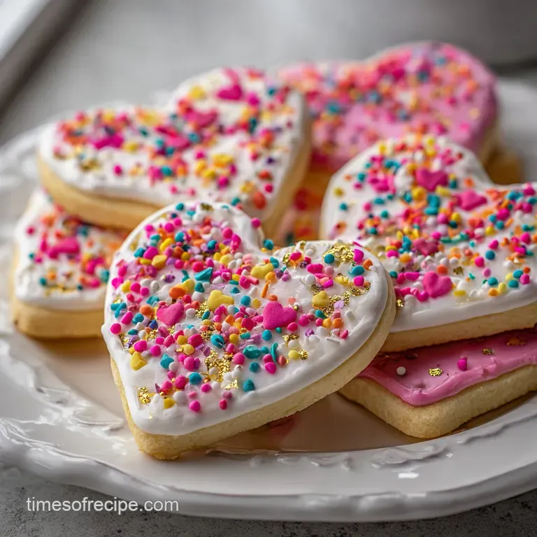 Delicate pink and white frosted heart cookie with shimmering sprinkles, presented on a pristine white plate.