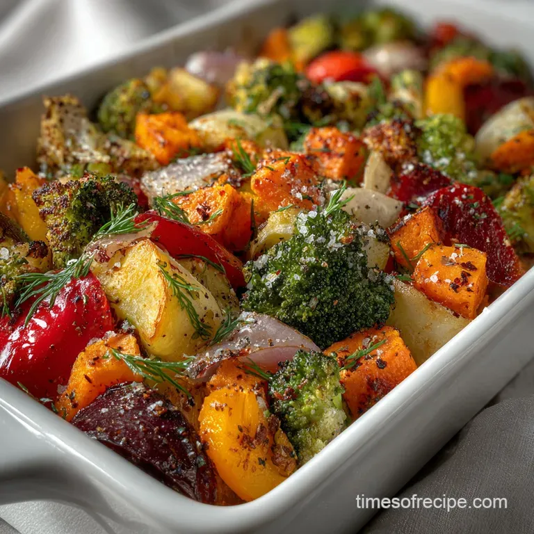 A vibrant plate of roasted vegetables glistens, showcasing caramelized edges and a mix of textures, highlighting the smoky...