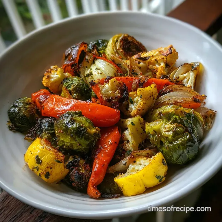 A colorful medley of roasted vegetables artfully arranged on a white plate, glistening with a smoky, garlicky sauce. Rusti...