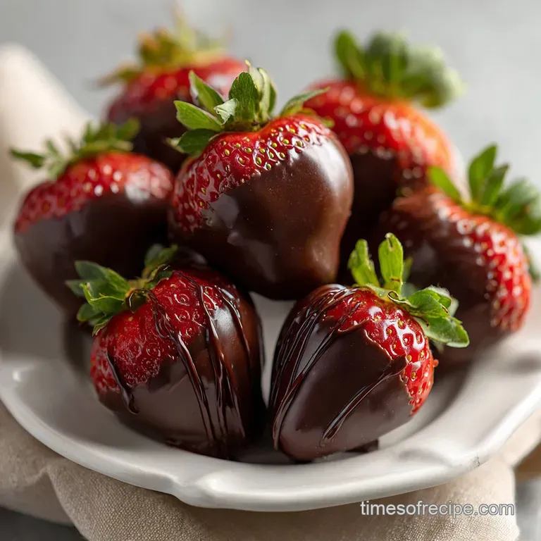 A tower of glistening chocolate strawberries artfully arranged on a white plate, a delectable and elegant dessert presenta...