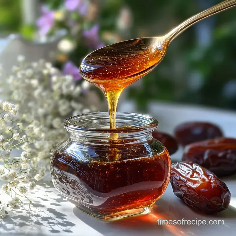 Golden date syrup drizzled artfully over a stack of fluffy pancakes, dusted with powdered sugar. Warm and inviting.