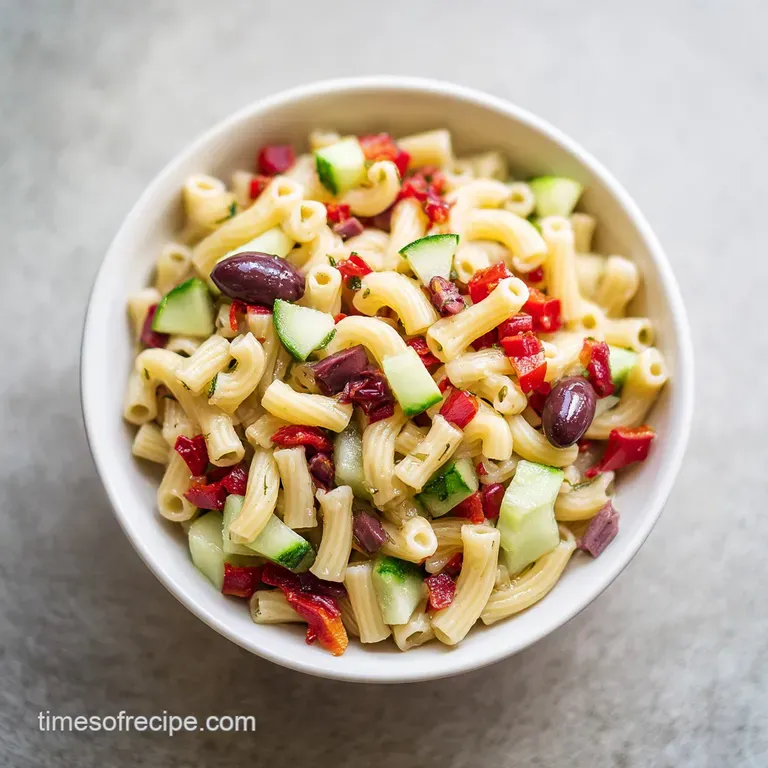 Small tube pasta mixed with bright red peppers and green cucumbers, served neatly in a clear glass meal prep jar.