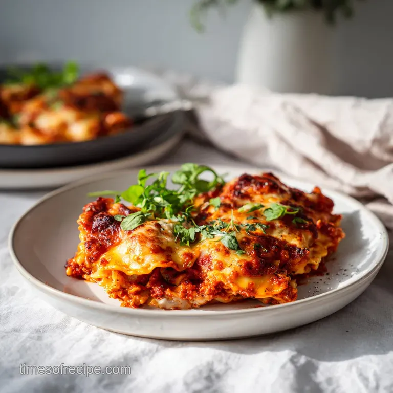 A rustic ceramic dish filled with golden-brown baked ravioli, glistening with sauce and sprinkled with Parmesan.