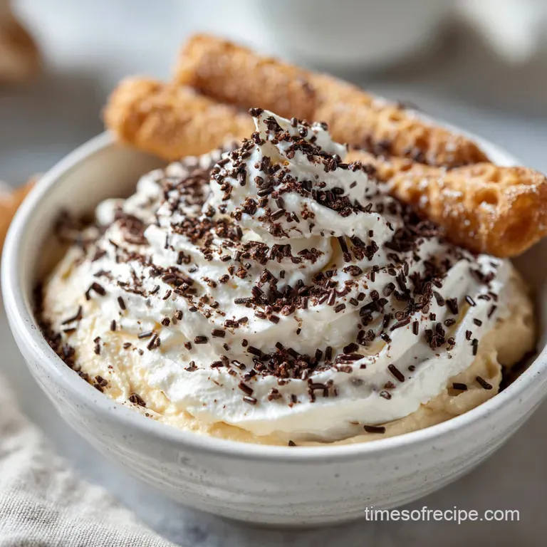Elegant cannoli dip in a glass bowl, dusted with cocoa. Crisp biscotti are neatly arranged on the side for serving.