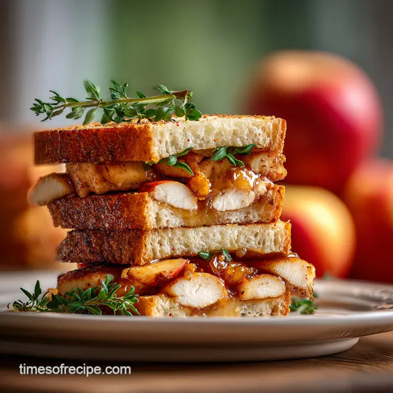 Pan-seared chicken breast on a plate, glistening with juices. Sliced apples fan beside it, ready to be arranged on a sandw...