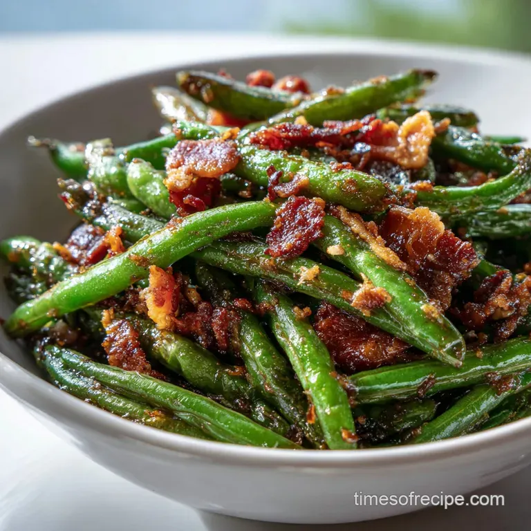 Bright green beans artfully arranged with smoky bacon, reflecting light, showcasing texture. Side dish perfection.