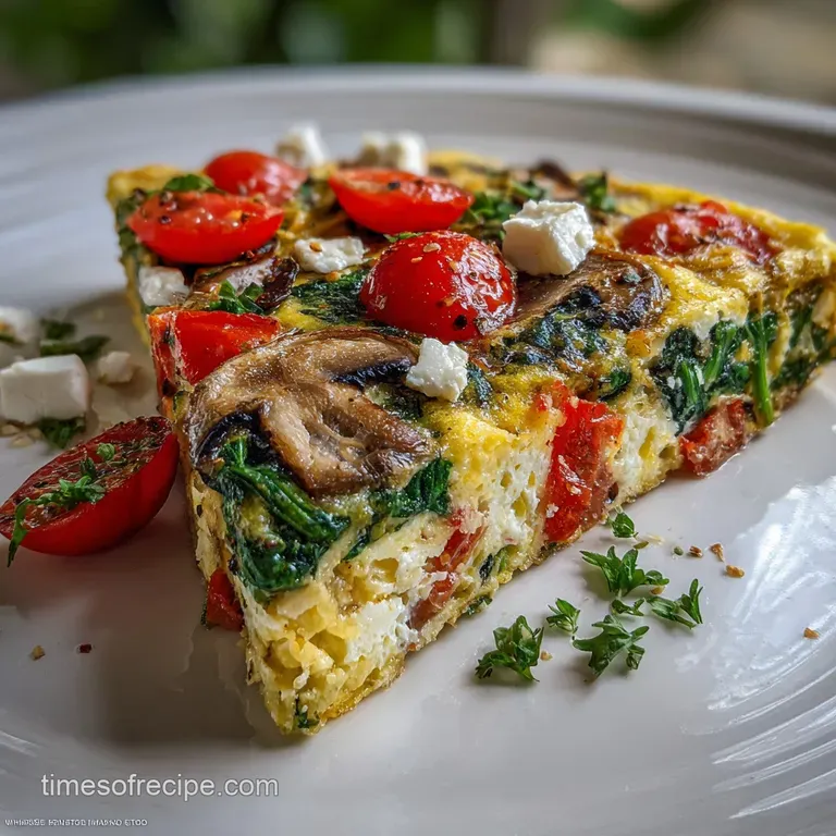 Slice of warm frittata showing layers of earthy mushrooms, wilted spinach, bright tomatoes and salty feta. Steam gently ri...