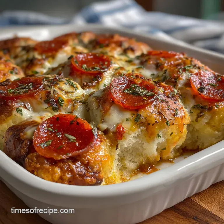 Slice of cheesy biscuit casserole on a white plate. Steam rises from the warm dish with vibrant red tomato sauce visible.