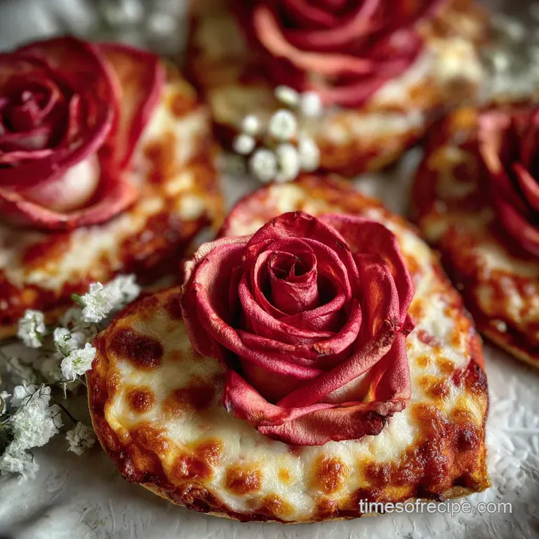 Slice of a golden-crusted pizza rose, revealing layers of pepperoni & cheese, elegantly displayed, ready to enjoy a Valent...