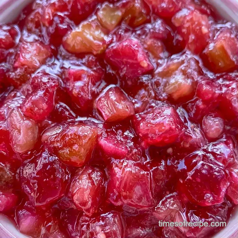 Glossy pink preserves spread over toasted artisan bread, served on a ceramic plate with a small silver spoon.