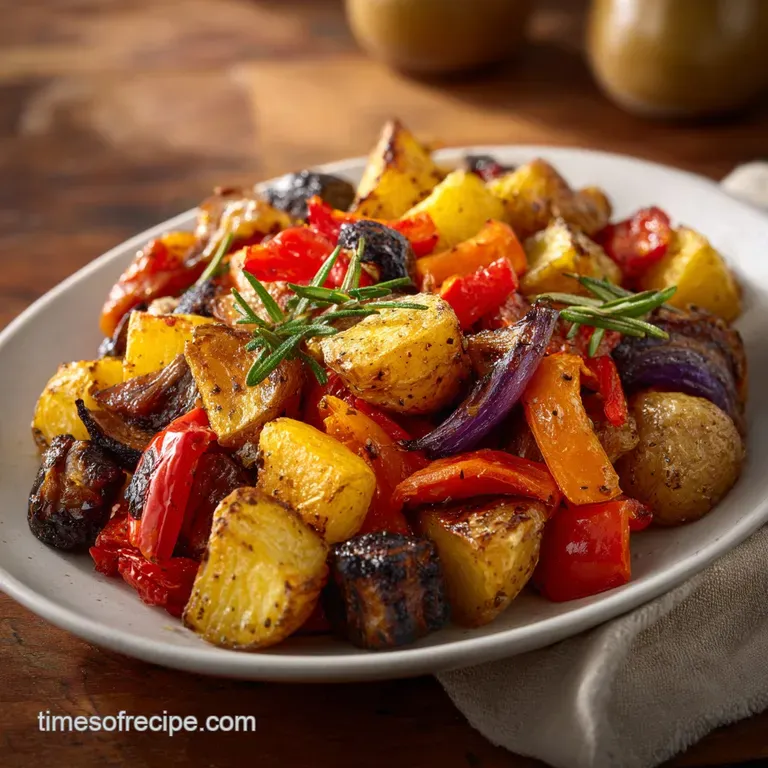 A perfectly portioned plate showcasing colorful roasted root vegetables, artfully arranged with fresh herbs.