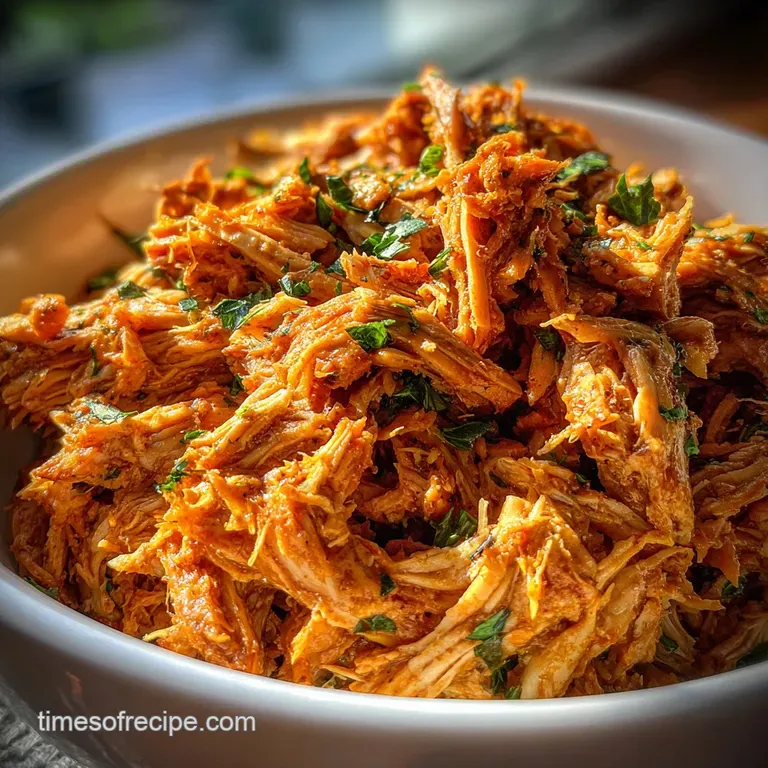 Elegant plate featuring tender, white shredded chicken glistening with a rich, creamy sauce. Garnished with vibrant green ...