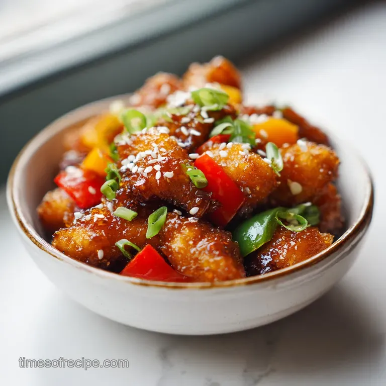 A vibrant mound of glazed chicken and colorful vegetables artfully arranged on a white plate, garnished with sesame seeds.