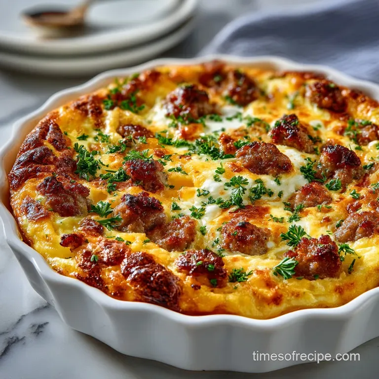 Slice of cheesy egg casserole with sausage, garnished with fresh parsley, plated on a white dish, inviting and warm.