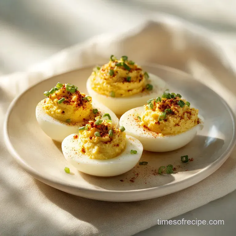 Three deviled eggs garnished with dill sprigs artfully arranged on a white plate. Filling is smooth and piped perfectly.