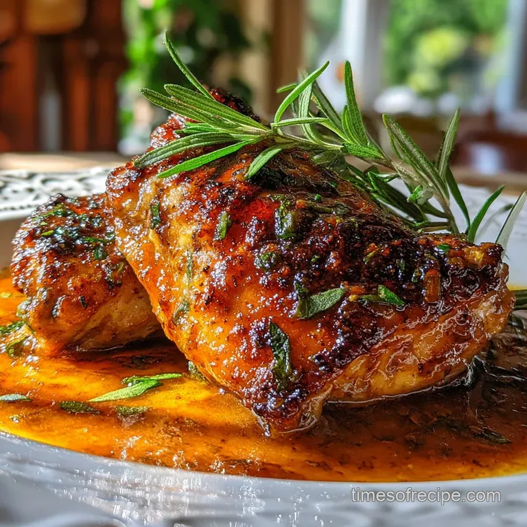 Plated chicken dish with roasted root vegetables glistening with herbs. A savory, aromatic delight on a white plate.