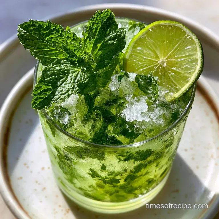 A tall crystal glass of pale green liquid with a fresh mint sprig and lime slice on a sleek white marble surface.