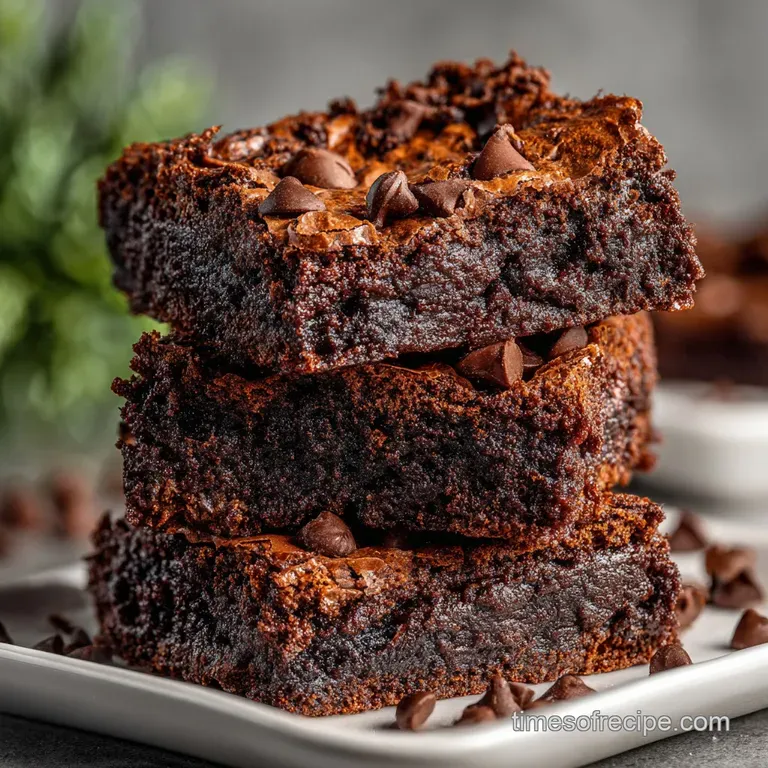 Stacked browkies on a white plate dusted with powdered sugar, showcasing gooey centers & crisp edges; inviting treat.