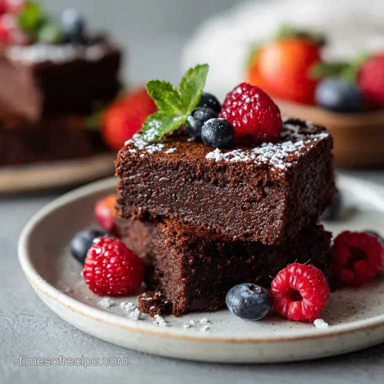 A single, fudgy brownie with a glossy sheen, topped with a drizzle of maple syrup and a sprinkle of sea salt flakes.