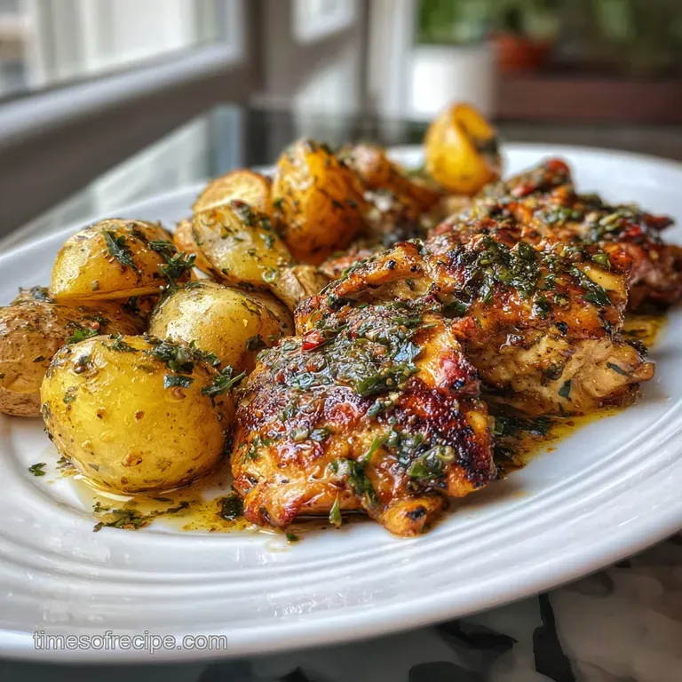 Creamy potatoes and juicy chicken glistening with garlic butter, plated with a sprig of rosemary.