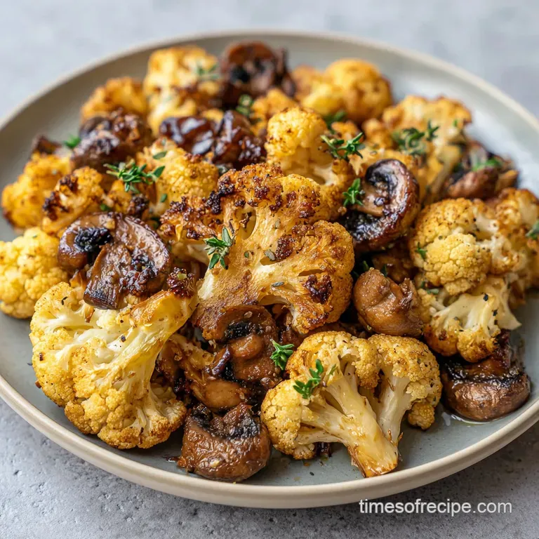Charred cauliflower florets and earthy brown mushrooms on a white plate, garnished with fresh green parsley.