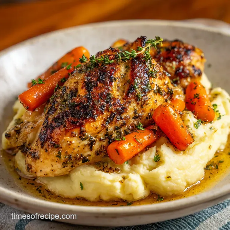Perfectly plated chicken breast with herbs, smooth mashed potatoes, and bright orange carrots drizzled with glaze.