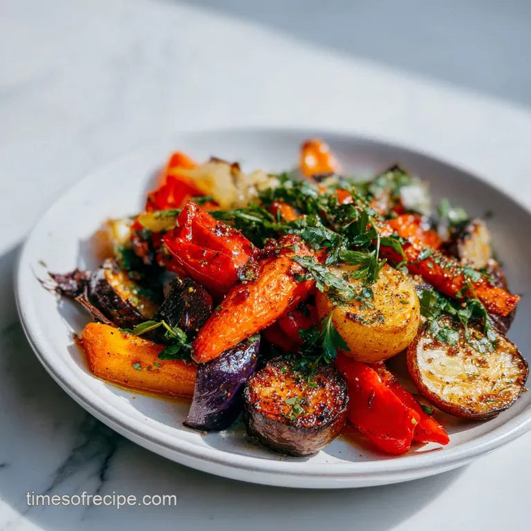 A warm, artfully arranged plate showcasing tender roasted root vegetables and bright green herbs.