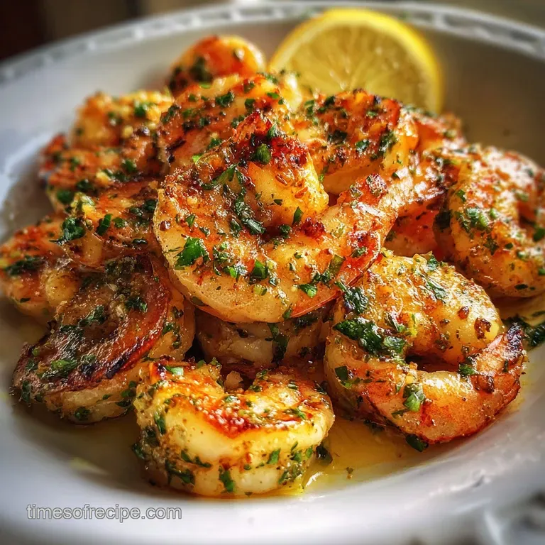 A delicate plate of plump, juicy shrimp coated in a bright garlic sauce, served with a side of fresh greens and herbs.