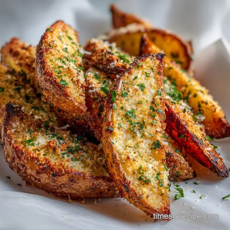Perfectly browned potato wedges artfully stacked, dusted with garlic and Parmesan, alongside a creamy dipping sauce in a s...
