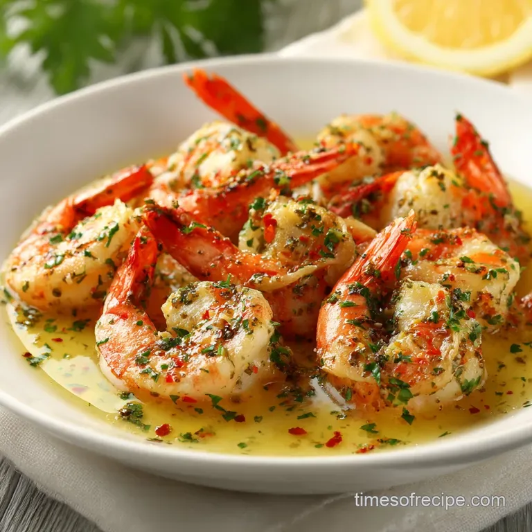 Elegant plate of glistening scampi, with plump shrimp swimming in a bright, buttery garlic sauce; parsley adds a pop of fr...