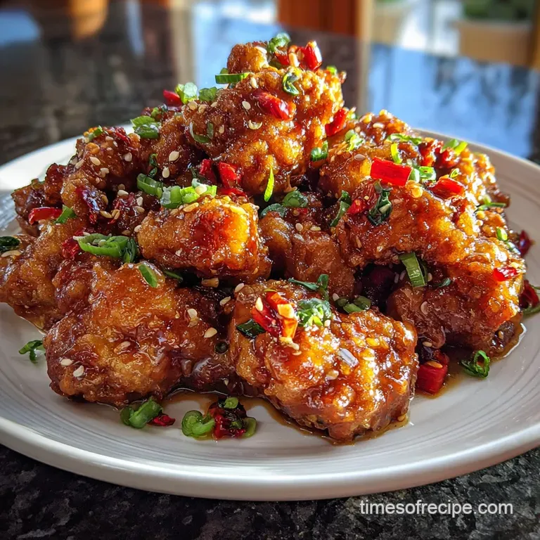 A close-up of a plate of glistening General Tso's chicken, accented with bright green scallions, alongside a scoop of whit...