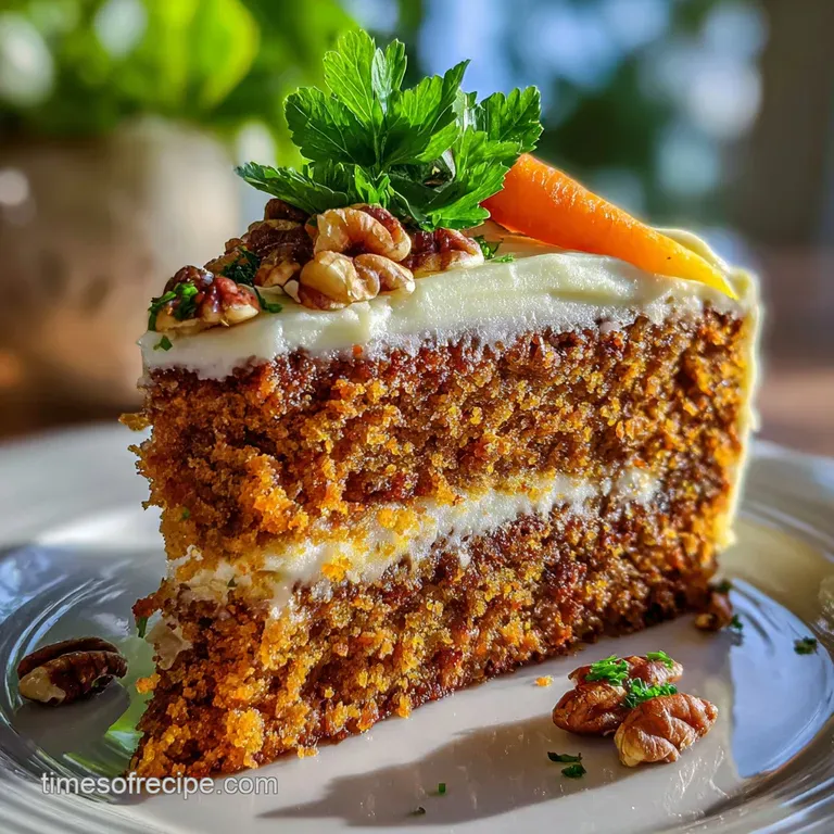 Slice of gluten-free carrot cake on a plate, showing moist crumb & creamy frosting; garnished with chopped nuts and a spri...