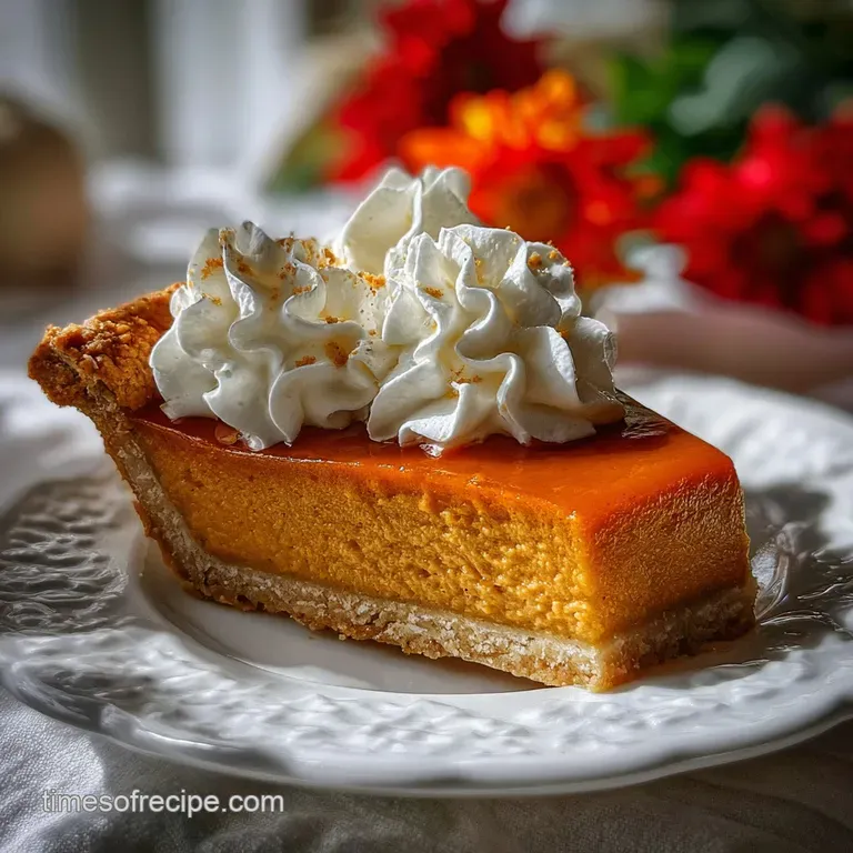 Slice of pumpkin pie with a dollop of whipped cream, served on a white plate with a dusting of cinnamon and nutmeg.