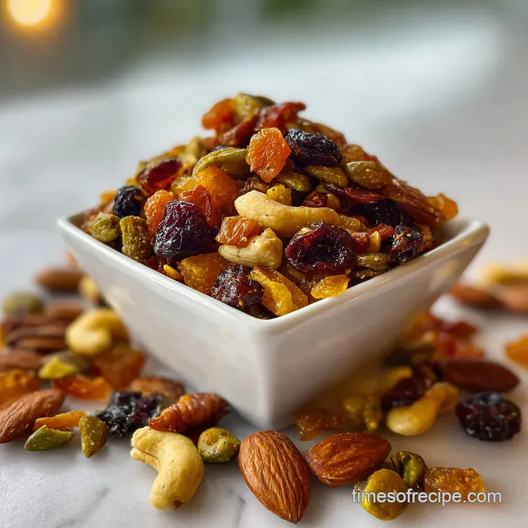 Trail mix elegantly arranged in a clear glass bowl, showcasing a mix of shiny chocolate, chewy dried fruit, and crunchy nuts.