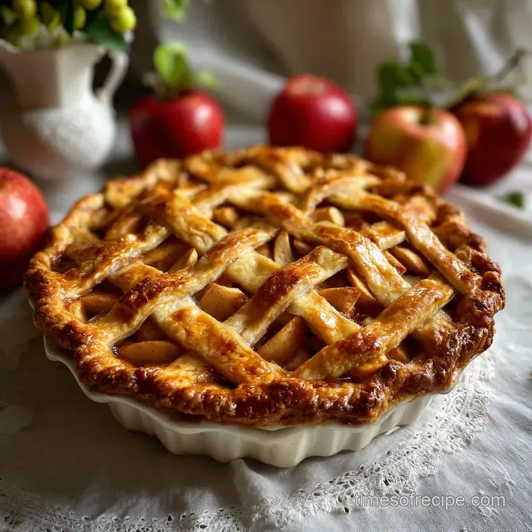 Slice of warm apple pie with flaky crust and gooey caramel, served with a scoop of melting vanilla ice cream.