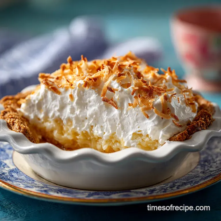 Elegant slice of coconut cream pie with fluffy meringue swirls, garnished with toasted coconut and set against a light bac...