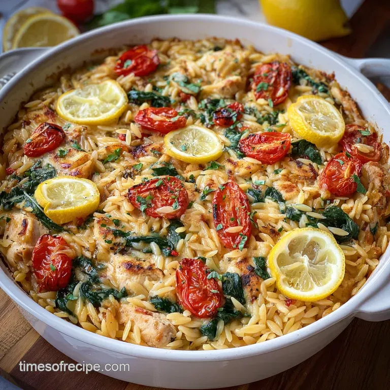 Plated Greek orzo: juicy chicken, wilted spinach, bright tomatoes. Lemon slice adds a tangy burst of sunshine. Creamy, com...