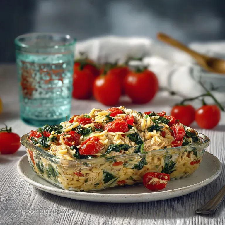 Greek Chicken Orzo Casserole with Lemon Spinach and Tomatoes