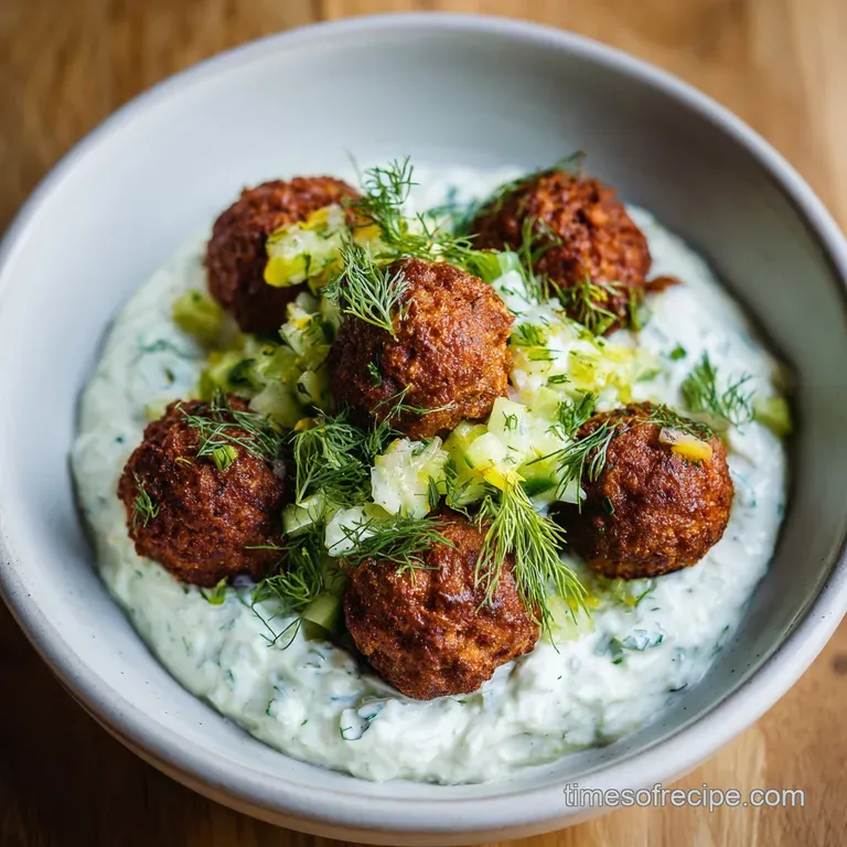 Perfectly arranged Greek meatball bowl: juicy meatballs, colorful veggies, drizzled sauce create an elegant, appetizing pl...