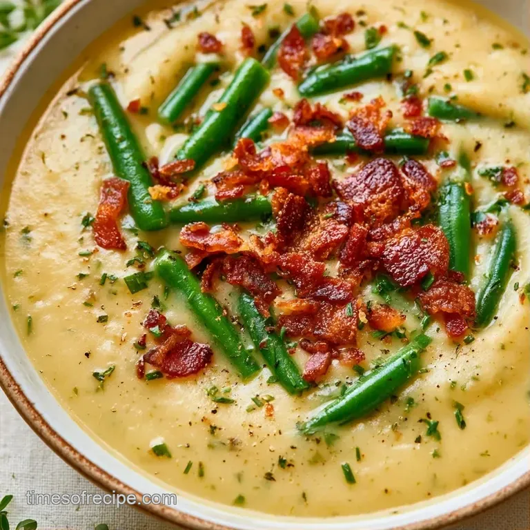 Creamy pale green soup in a white bowl, garnished with golden bacon bits and a sprig of fresh parsley.
