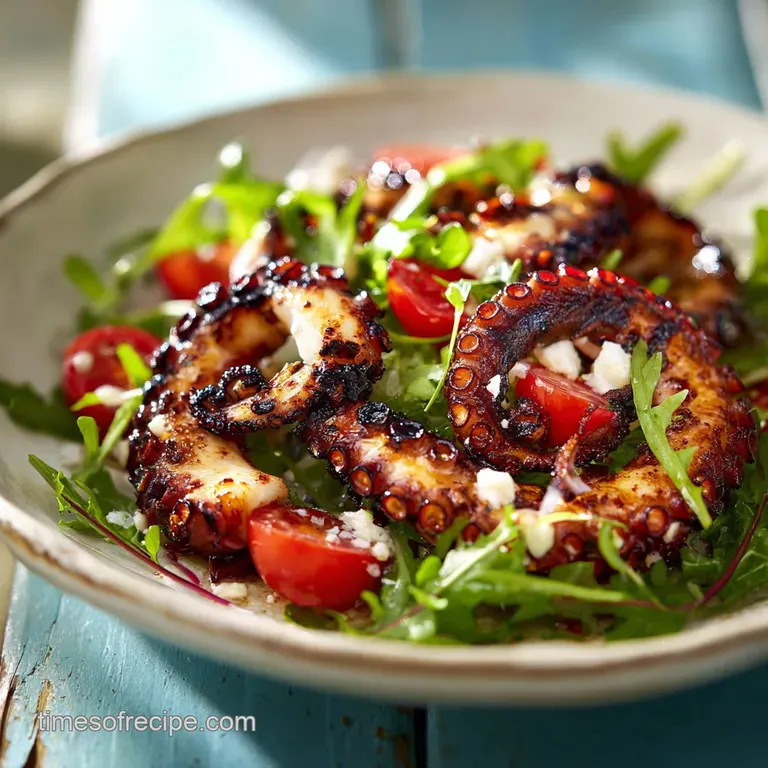 Artistic plating of grilled octopus salad. Tender, smoky octopus amid colorful bell peppers, herbs, and a bright vinaigrette.