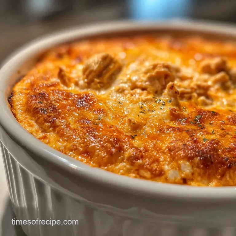 Scoop of creamy buffalo chicken dip with visible ground chicken, atop toasted baguette slice, garnished with fresh herbs.